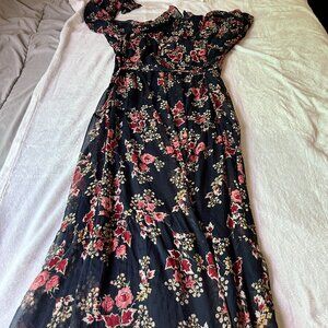 Laura Ashley Womens Floral Maxi Dress Size 8 Navy Red Ruffle Button Front Boho